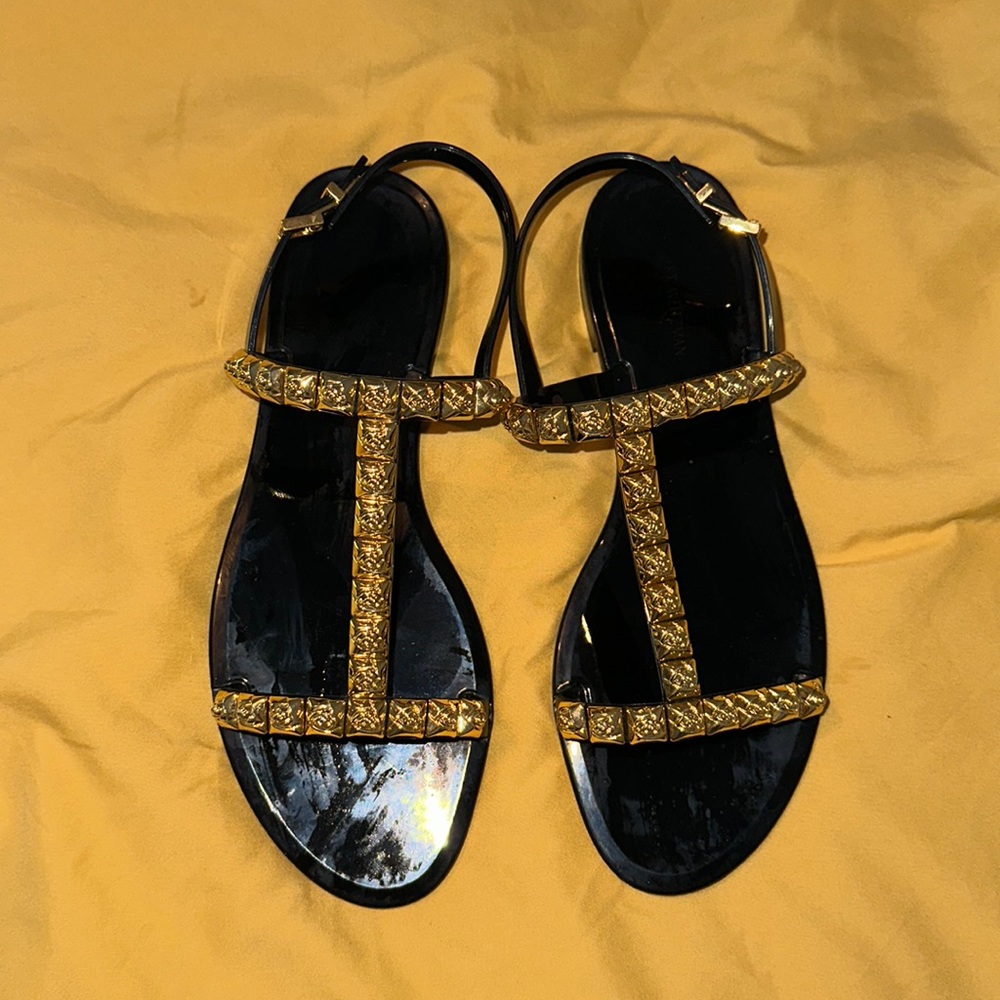 Stuart Weitzman Black, And Gold Slides Sandals - image 1